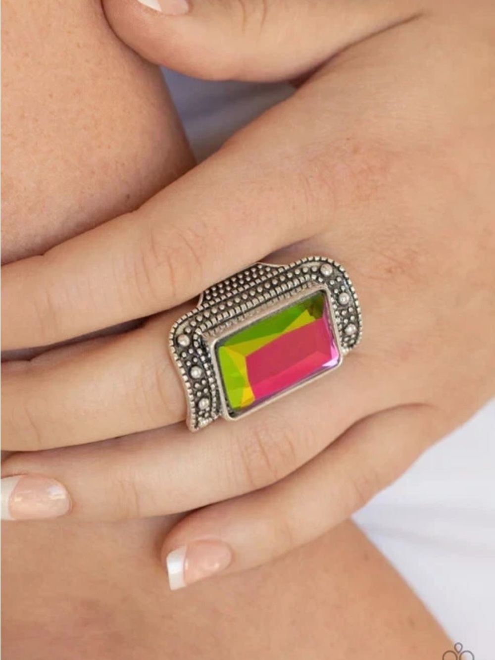 paparazzi Pink and Green Rectangular Crystal Statement Ring